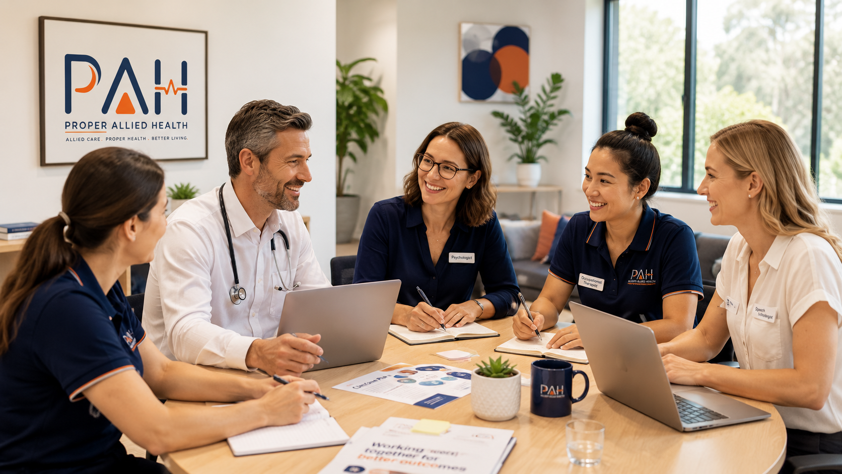 The Proper Allied Health team collaborating around a meeting table.