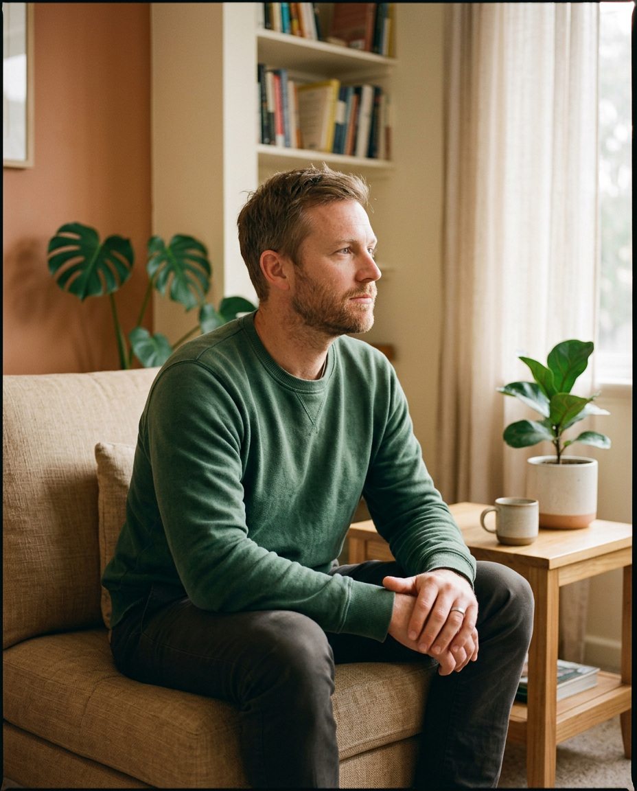 An adult seated in a calm therapy room with warm window light, looking thoughtfully off-camera.