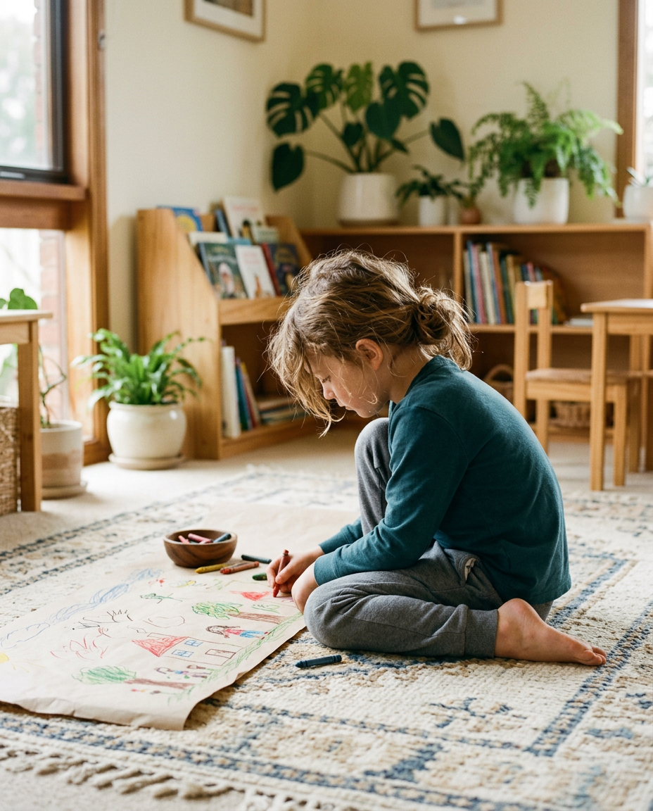 A young child sitting on a rug drawing quietly with crayons in a calm, sunlit room.
