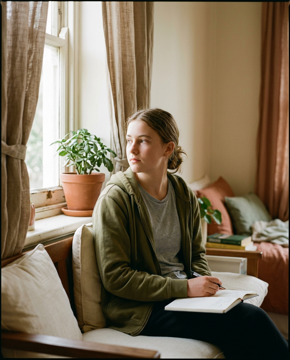 A teenager sitting by a sunlit window with an open notebook, looking thoughtfully outside.