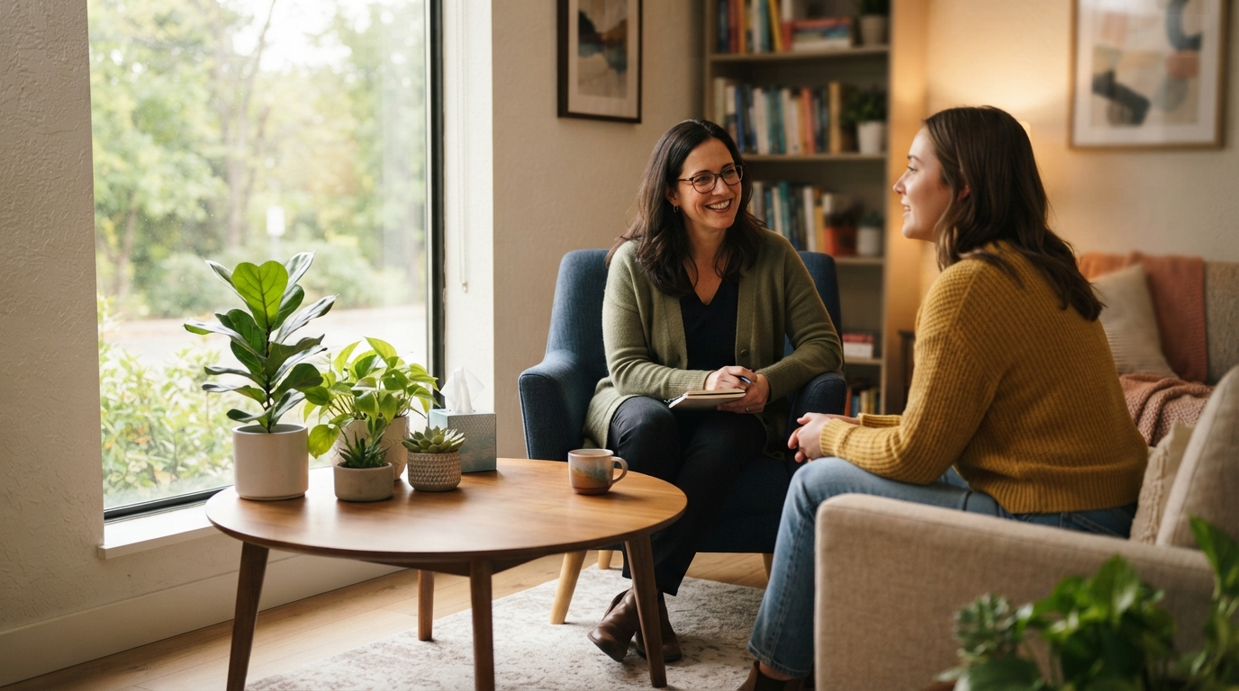 A friendly psychologist sitting in a brightly lit consultation room offering medicare rebate mental health support parramatta to a smiling client.
