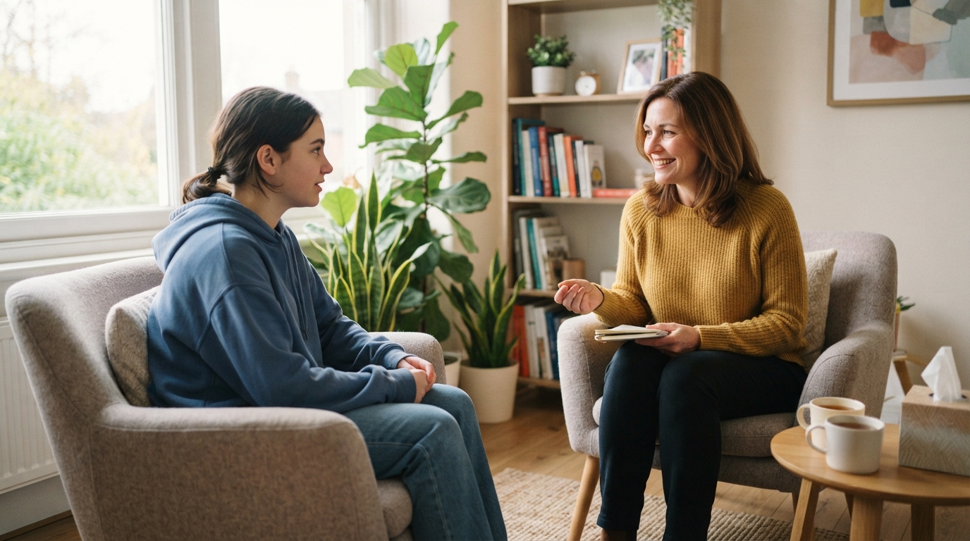 A caring psychologist in Westmead sitting with a teenager during a supportive therapy session.