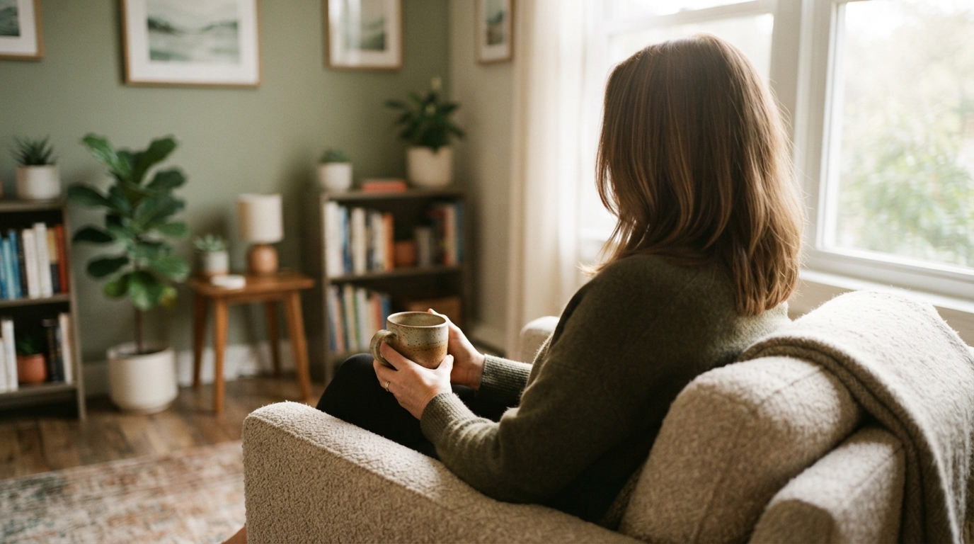 A person sitting quietly with a warm drink reflecting on cptsd recovery in a calm therapy room.