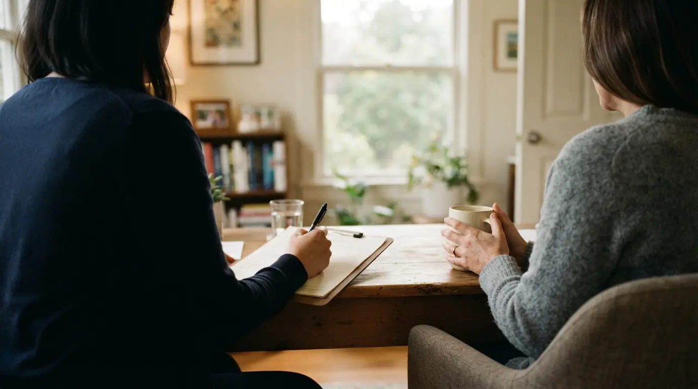 A patient discussing their mental health care plan during a GP consultation in a clinic setting.