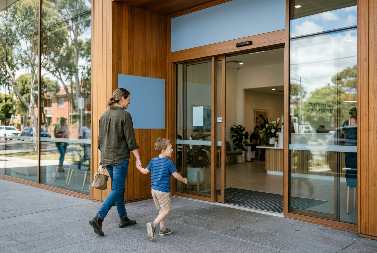 A parent and child walking into the welcoming clinic entrance in natural daylight.