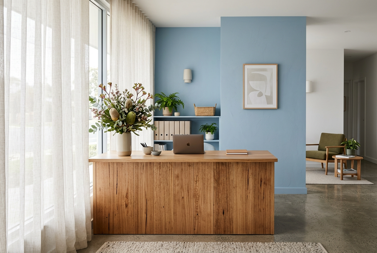 A calm reception area with native flowers and a soft accent wall.