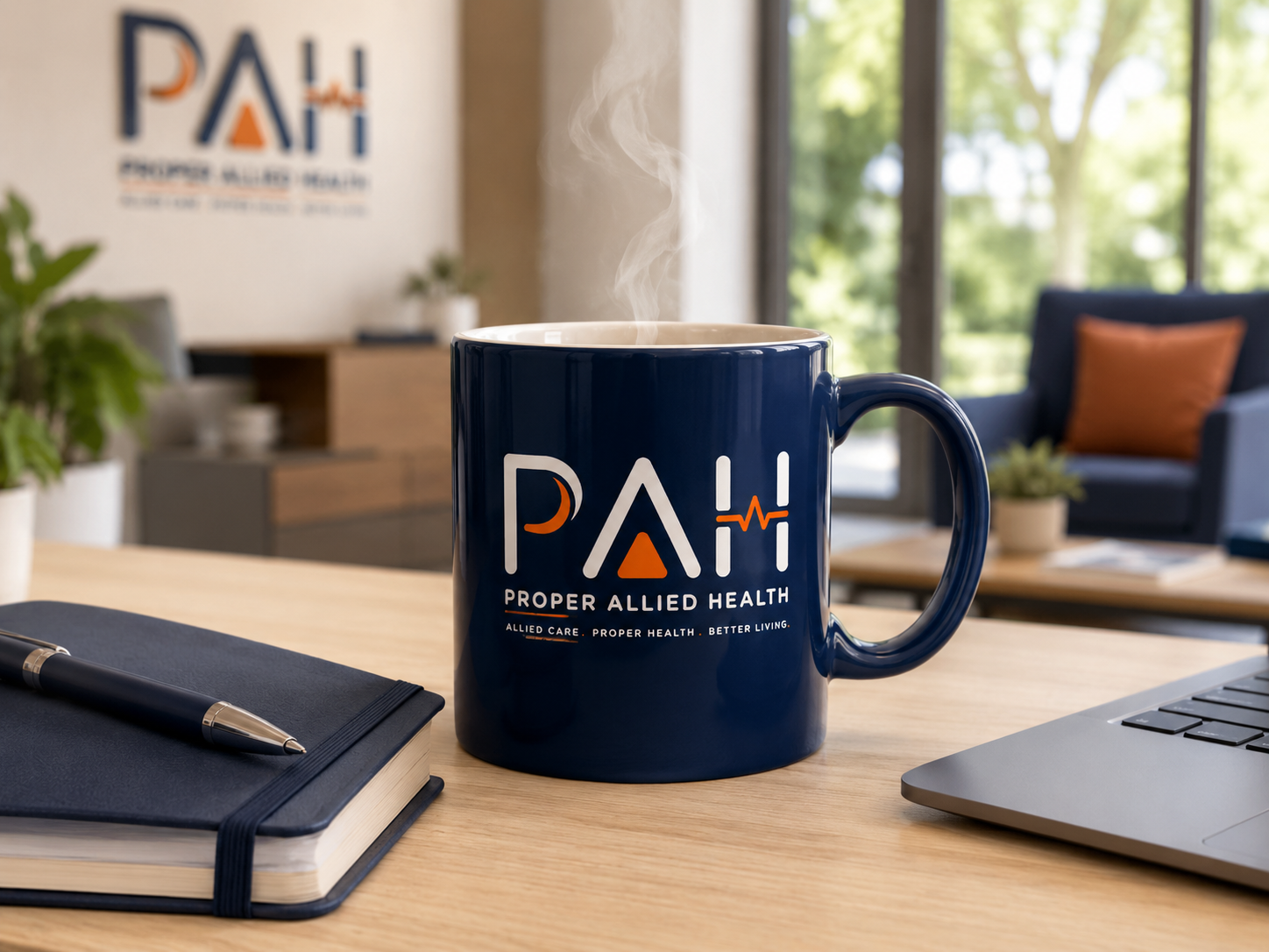 Proper Allied Health branded coffee mug in a welcoming clinic workspace